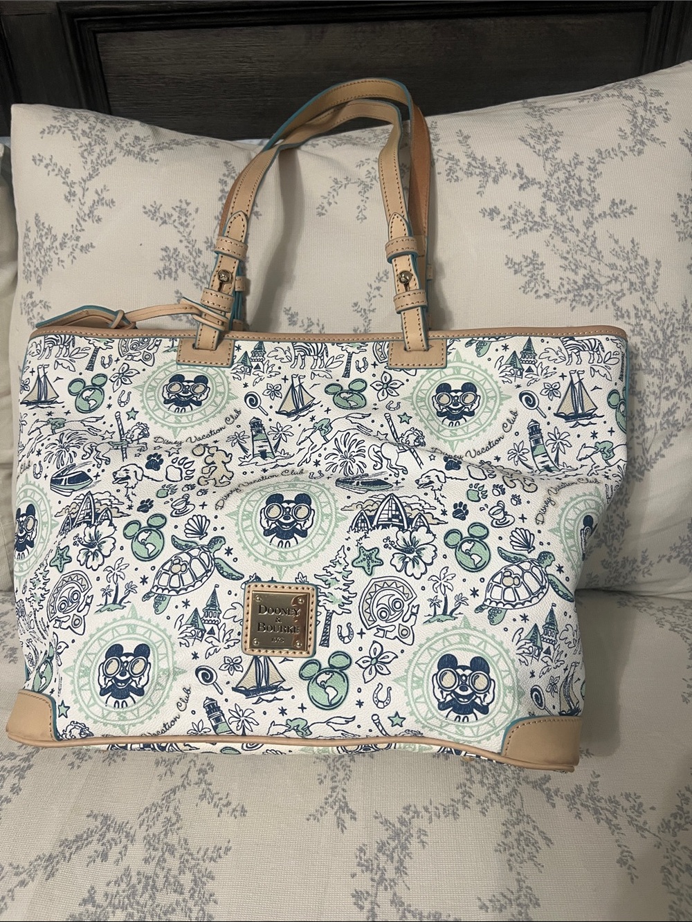 Dooney & Bourke White Tote with Navy and Mint Nautical Print and Tan Trim